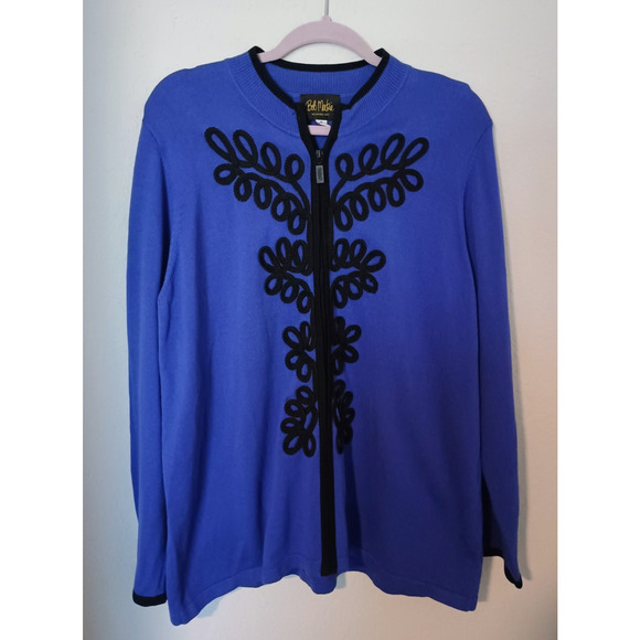 Bob Mackie Wearable Art Cobalt Blue Black Trim Front Zip Cardigan Sweater XL - Picture 1 of 4